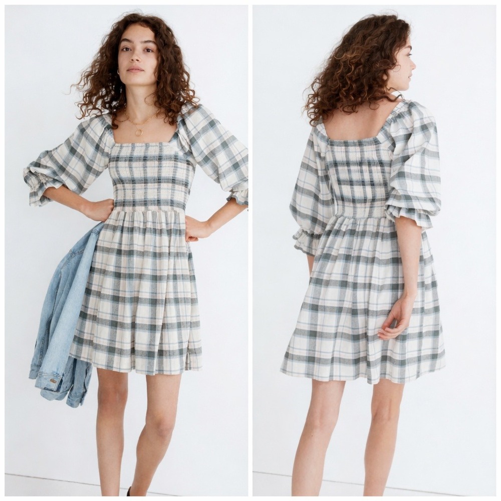 Madewell Lucie Elbow Sleeve Smocked Plaid Mini Dress Sz‎ XS Pink Cottage Prairie